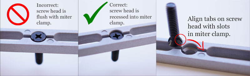 HH-miter-clamp-screw-recess-2A Screw head should be flush with the miter clamp.