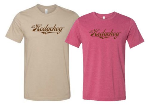 Hedgehog logo tee shirt tan raspberry pink