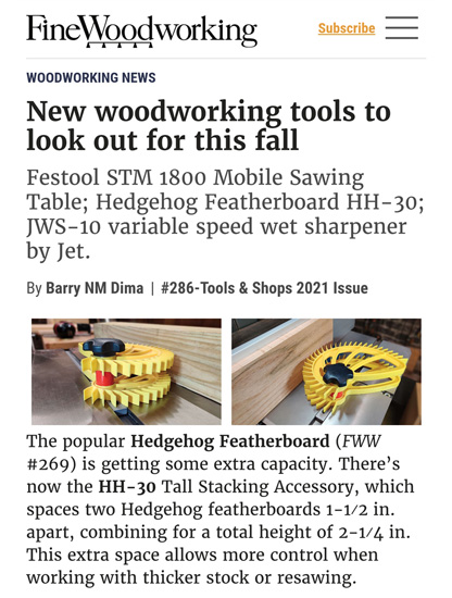 Fine Woodworking Magazine Hedgehog stacking accessory winter 2020 2021