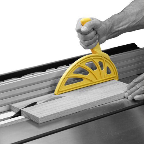 Hedgehog push block safely ripping a board on a table saw with a narrow cut. Has offset handle.